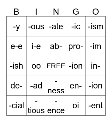 WORD PARTS BINGO Card