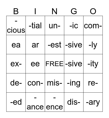 WORD PARTS BINGO Card