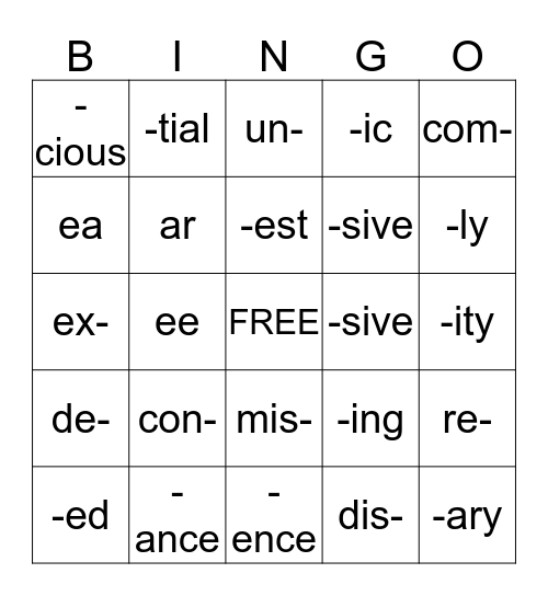 WORD PARTS BINGO Card