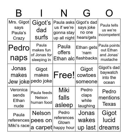 Beach Week BINGO Card