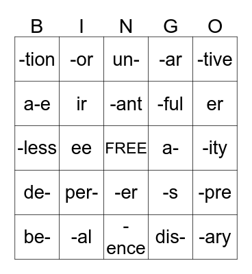 WORD PARTS BINGO Card