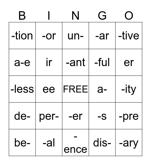 WORD PARTS BINGO Card
