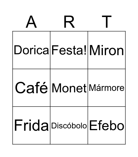 Arte Grega Bingo Card