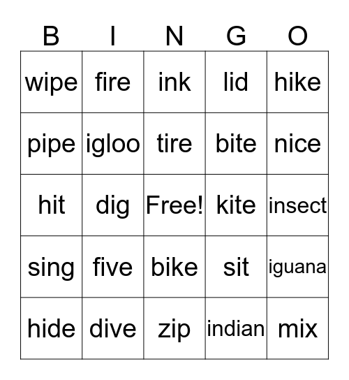 Short i and Long i_e Bingo Card