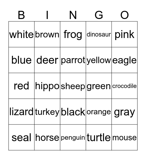Animals and Colors Bingo Card