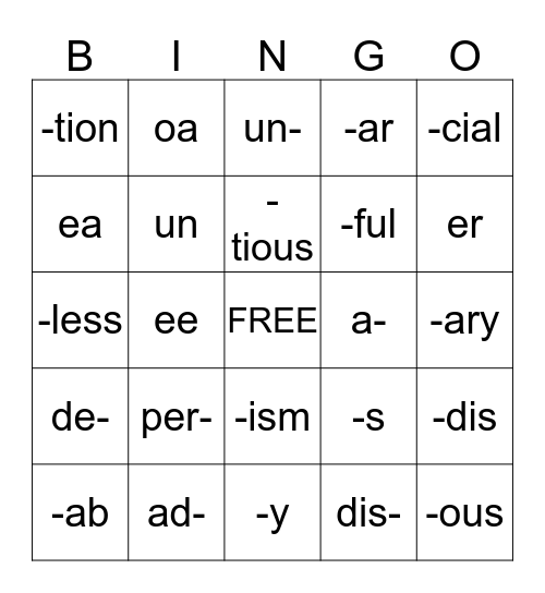 WORD PARTS BINGO Card