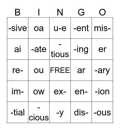 WORD PARTS BINGO Card