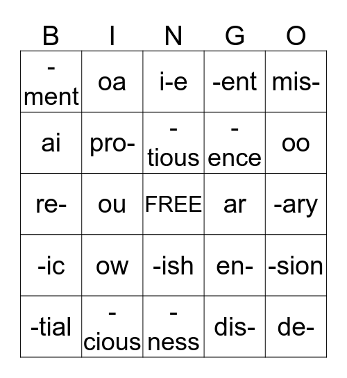 WORD PARTS BINGO Card