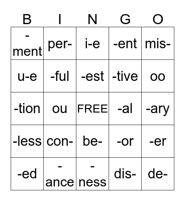 WORD PARTS BINGO Card