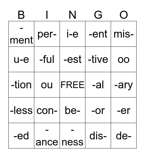 WORD PARTS BINGO Card