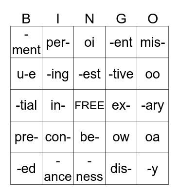 WORD PARTS BINGO Card