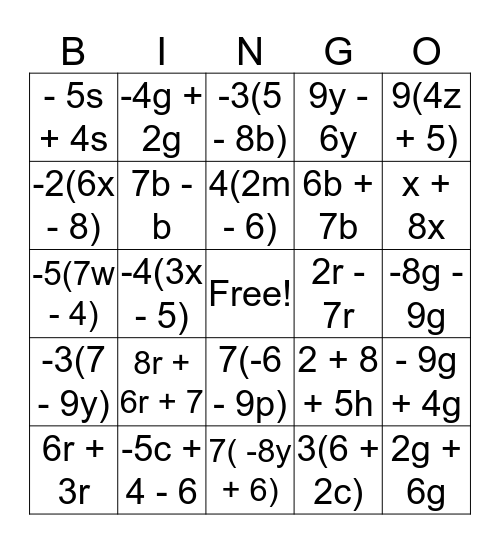 Simplifying Expressions  Bingo Card