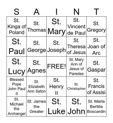 Saint Bingo Card