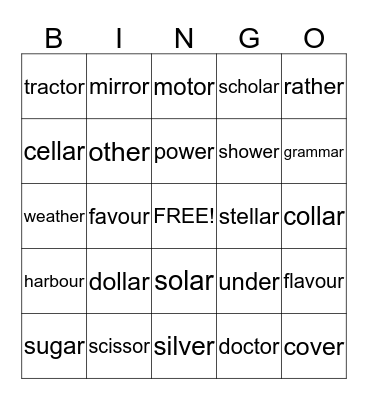 Unaccented Final Syllables  Bingo Card
