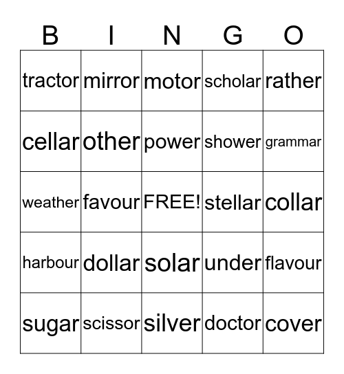 Unaccented Final Syllables  Bingo Card