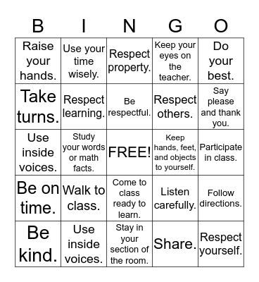 Character Education Rules Bingo Card