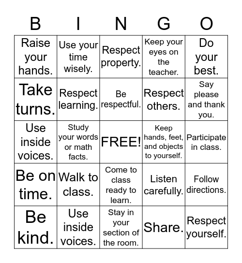 Character Education Rules Bingo Card