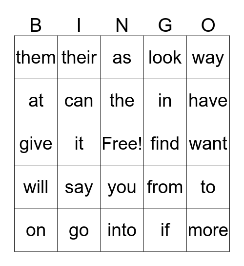 Sight Words Bingo Card