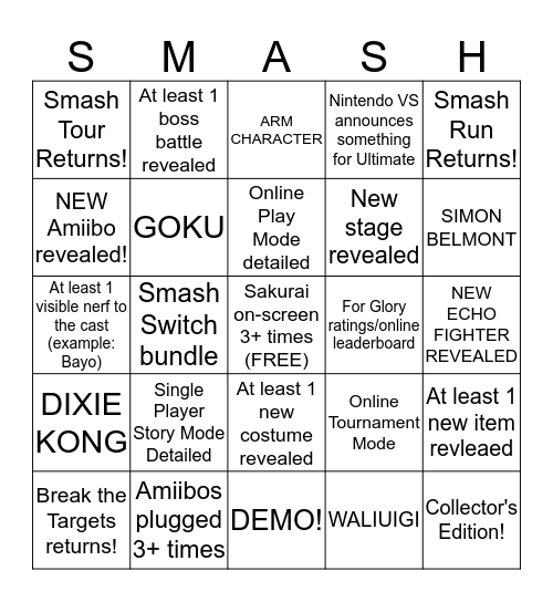 Smash Ultimate Direct - 2018-08-08 Bingo Card