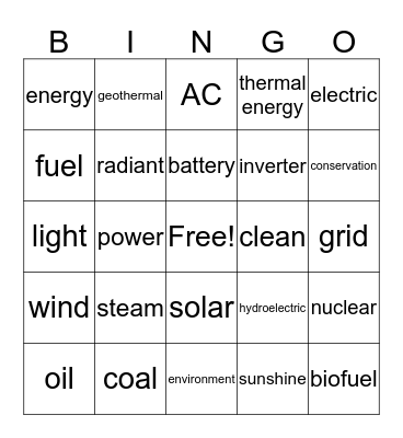 Energy  Bingo Card