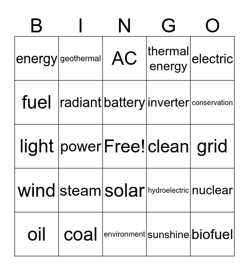 Energy  Bingo Card