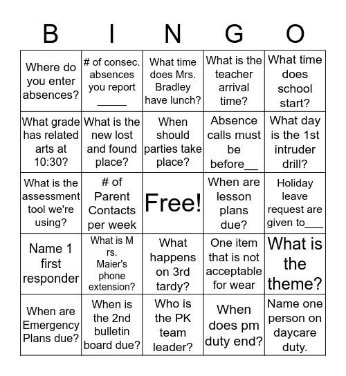MES Handbook Bingo Card