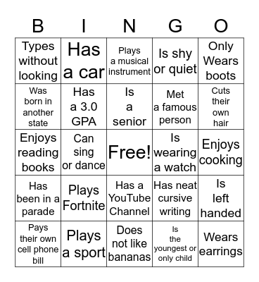 1st Day of School Bingo Card