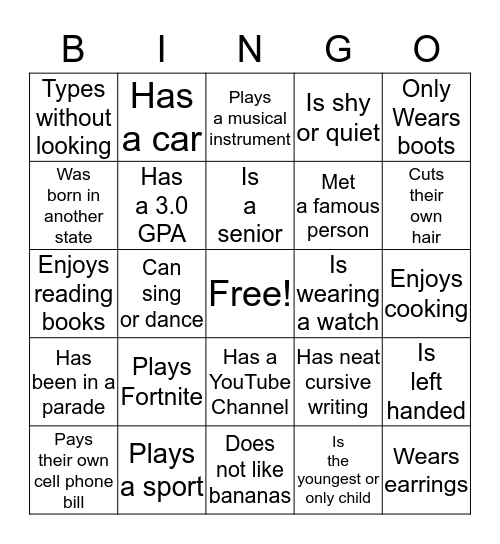 1st Day of School Bingo Card