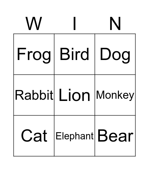 Animals Bingo Card