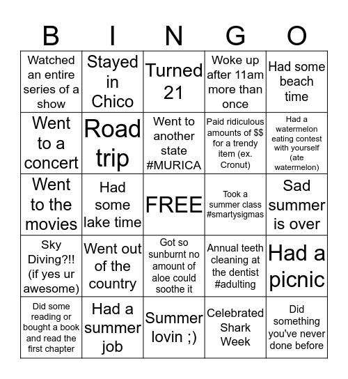 Welcome Back Bingo Card