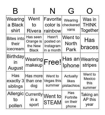 Freshmen First Day Bingo! Bingo Card