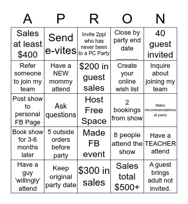 Pampered Chef Bingo Card