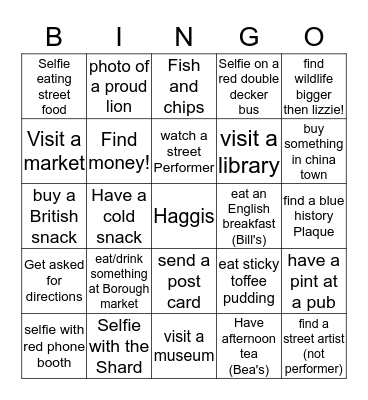 London Trip Bingo Card