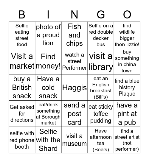 London Trip Bingo Card