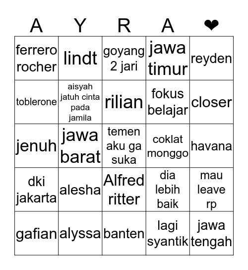 Ayraaaaaaaaaa Bingo Card