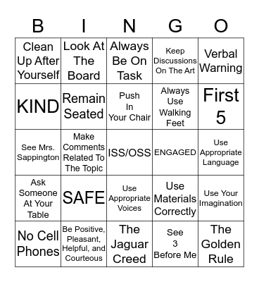 Art Room Rules Bingo Card