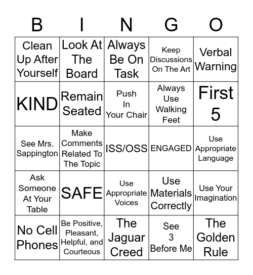 Art Room Rules Bingo Card