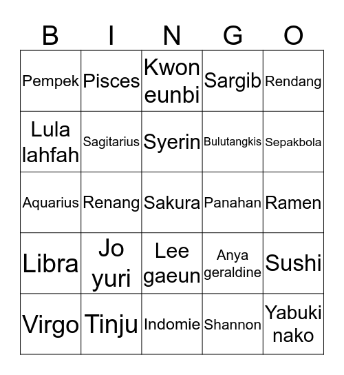 Cacad Bingo Card