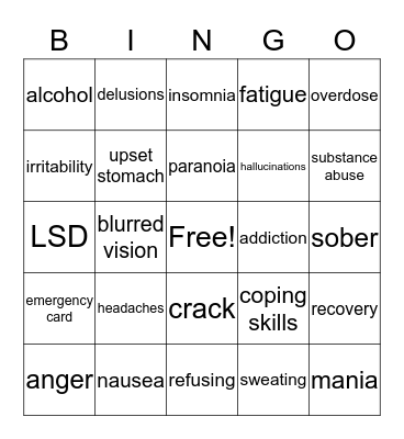 Substance Abuse Bingo Card