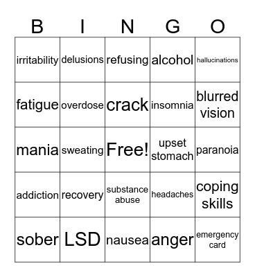 Substance Abuse Bingo Card