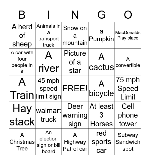 RIDE ALONG BINGO Card