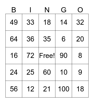 Multiplication Facts Bingo Card