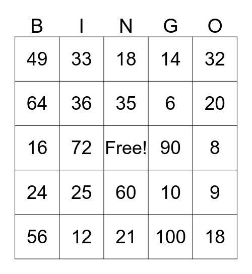 Multiplication Facts Bingo Card