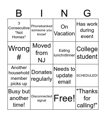 Phone Bank Bingo Card