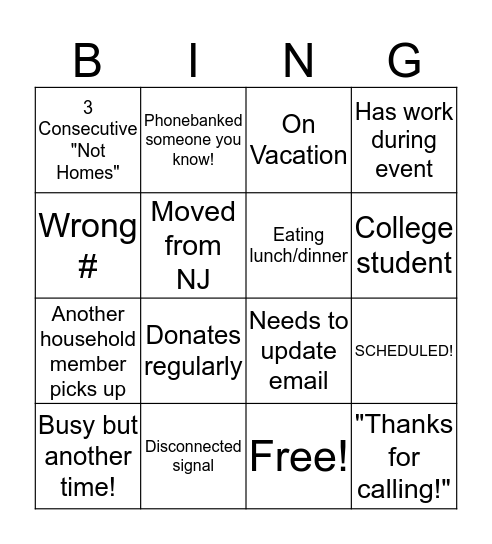 Phone Bank Bingo Card