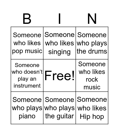 Musical Bingo Card