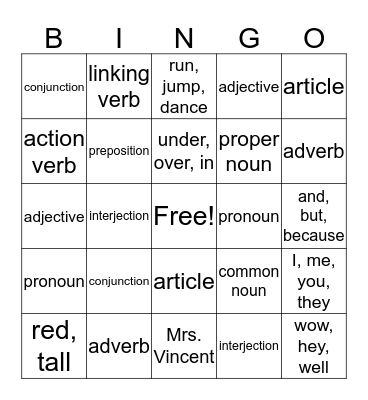Parts of Speech Bingo Card