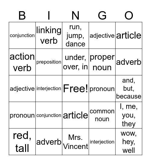 Parts of Speech Bingo Card