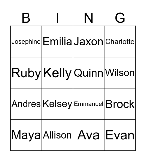 Class Names Bingo Card