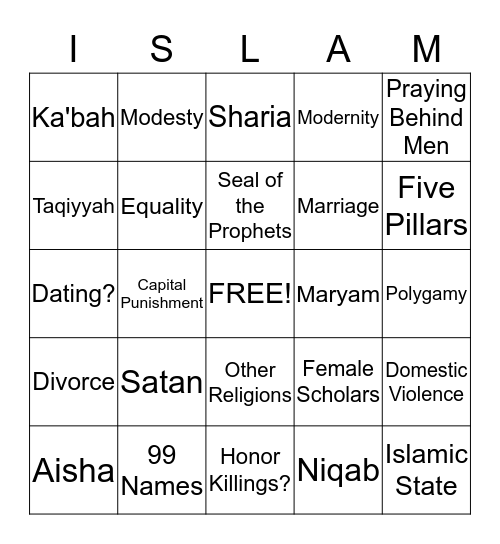 Challenging Questions About Islam Bingo Card